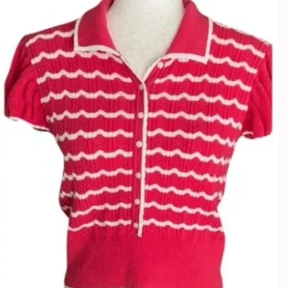 Anthropologie Maeve Knit Polo Shirt S Red White Striped Puff Sleeve Collared